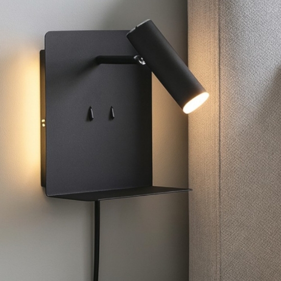 Applique da comodino nero con mensola interruttore cavo spina led 3w 3000k