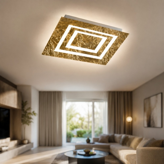 Plafoniera quadrata 35 cm led cct 3000k 4000k moderna full foglia oro per camera da letto