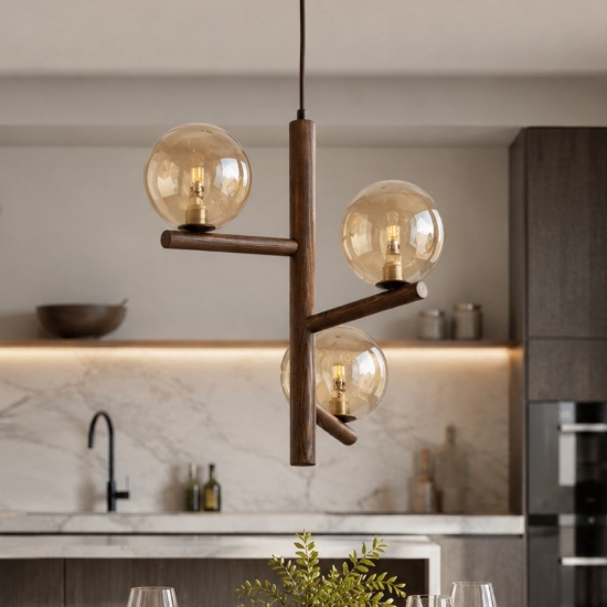 Lampadario stile nordico per cucina in legno noce sfere di vetro ambra