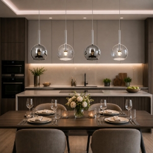 Lampadario per isola cucina vetri cromo trasparente base metallo bianco