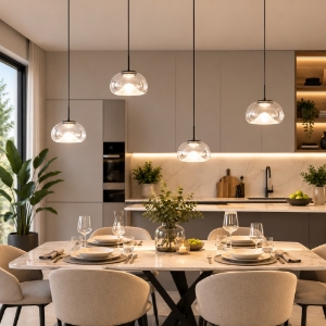 Lampadario con decentramento per cucina vetri trasparenti fabas luce brena