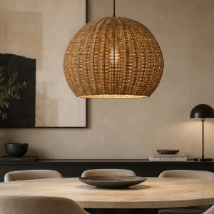 Lampadario cupola di rattan marrone per sala da pranzo
