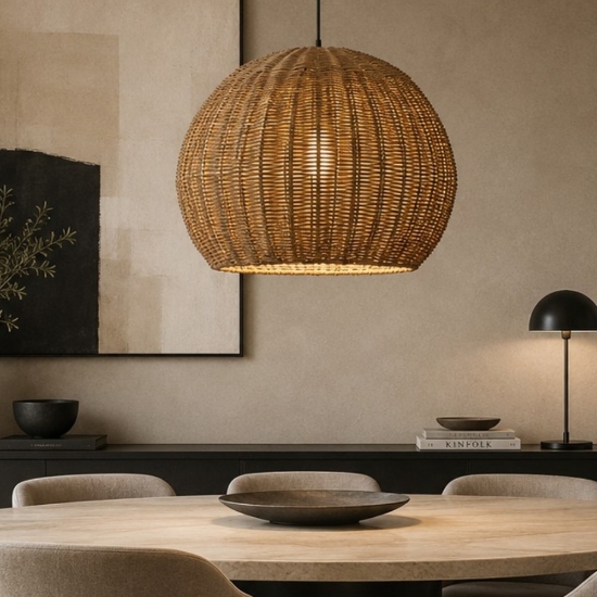 Lampadario cupola di rattan marrone per sala da pranzo