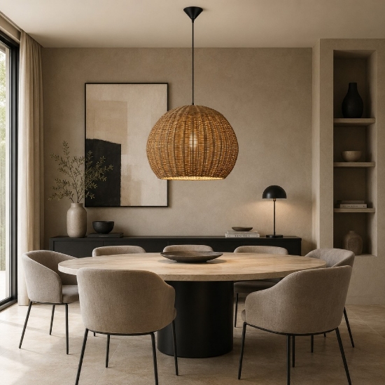 Lampadario cupola di rattan marrone per sala da pranzo