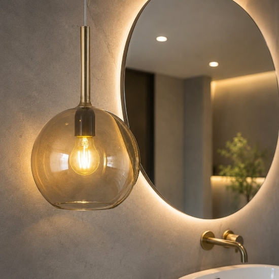 Lampada a sospensione sfera vetro ambra per specchio bagno