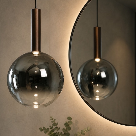 Lampada a sospensione per bagno marrone sfera in vetro led 2700k dimmerabile