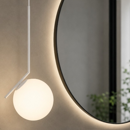 Lampada per bagno a sospensione sfera vetro bianca