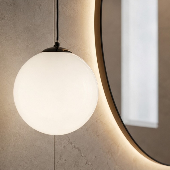 Lampadario da bagno a sospensione boccia 30cm vetro bianco lucido 30cm