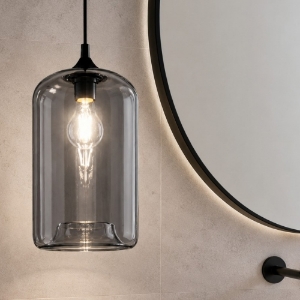 Lampadario a sospensione da bagno cilindro in vetro fume fabas luce silo