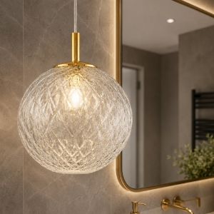 Lampadario da bagno sfera 21 cm a sospensione oro vetro trasparente rigato