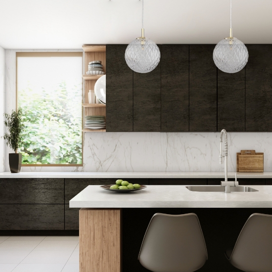 Lampadario da bagno sfera 21 cm a sospensione oro vetro trasparente rigato