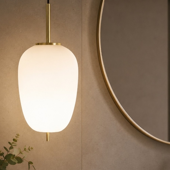 Lampada a sospensione per bagno oro ottone vetro bianco