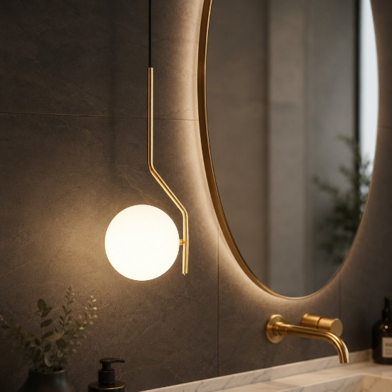 Lampadario da bagno oro sfera vetro bianco