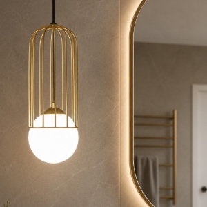 Lampadario pendente maytoni telford oro ottone sfera bianca da bagno