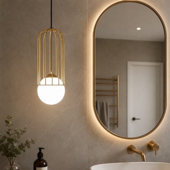 Lampadario pendente maytoni telford oro ottone sfera bianca da bagno
