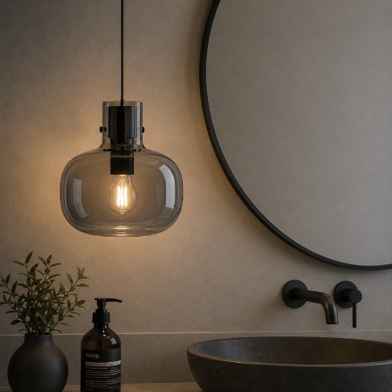 Lampadario sospensione da bagno sfera in vetro grigio fume