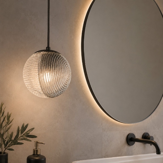 Lampadario a sopensione per bagno boccia vetro fume' ondaluce bella