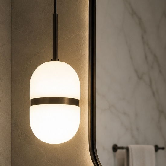 Lampadario da bagno a sospensione miloox domu vetro bianco dettagli bronzo