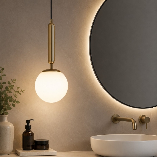 Lampada a sospensione oro sfera bianca per bagno