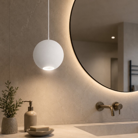 Lampadario sfera led a sospensione bianca per bagno 3000k