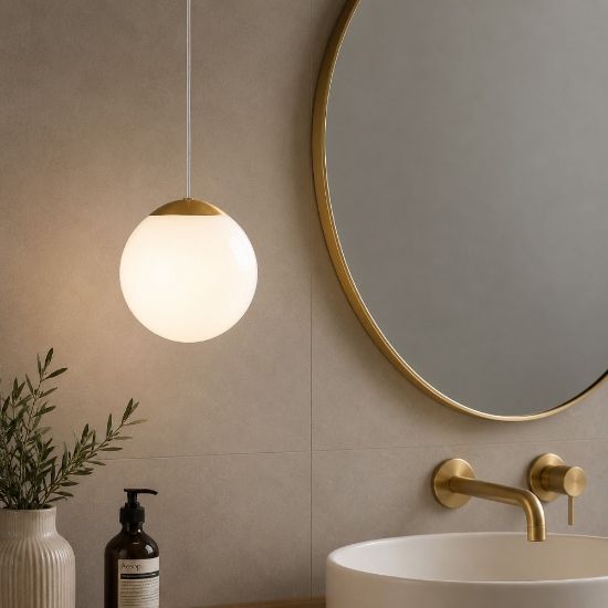 Lampadario da bagno a sospensione santos ondaluce oro sfera vetro bianco led 7w 3000k