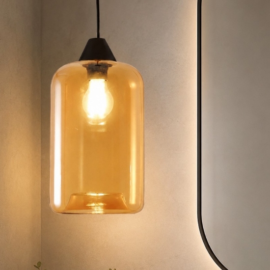 Lampada a sospensione per bagno cilindro di vetro ambra fabas luce silo