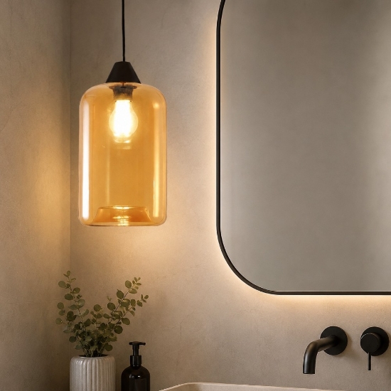 Lampada a sospensione per bagno cilindro di vetro ambra fabas luce silo