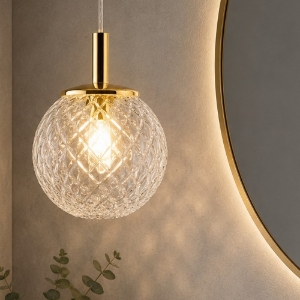 Lampadario a sospensione per bagno 14 cm oro sfera di vetro trasparente rigato