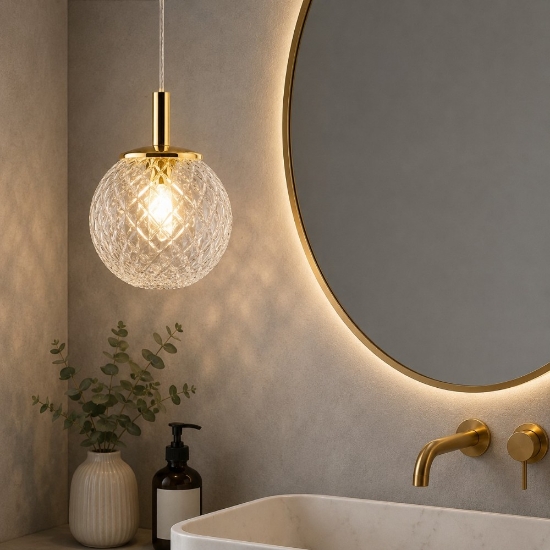 Lampadario a sospensione per bagno 14 cm oro sfera di vetro trasparente rigato
