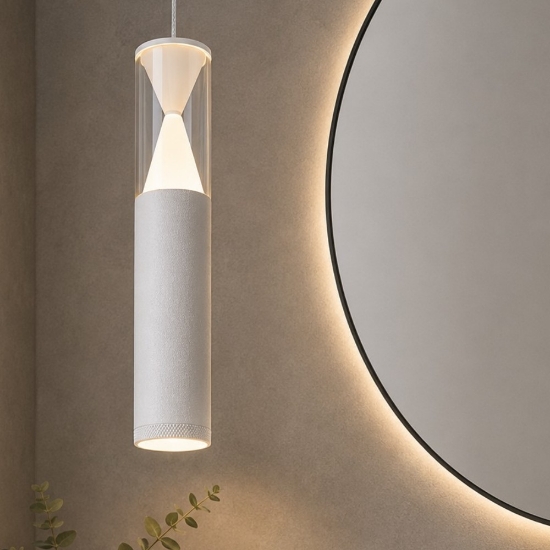 Lampada sospensione bianca pendente cilindro design per bagno led 7w 3000k
