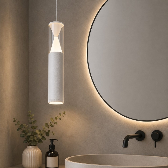 Lampada sospensione bianca pendente cilindro design per bagno led 7w 3000k