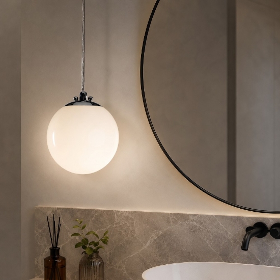 Lampadario per bagno a sospensione 15cm sfera boccia vetro bianco lucido