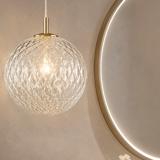 Lampada a sospensione da bagno oro sfera 30 cm di vetro trasparente rigato contemporaneo