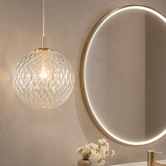Lampada a sospensione da bagno oro sfera 30 cm di vetro trasparente rigato contemporaneo