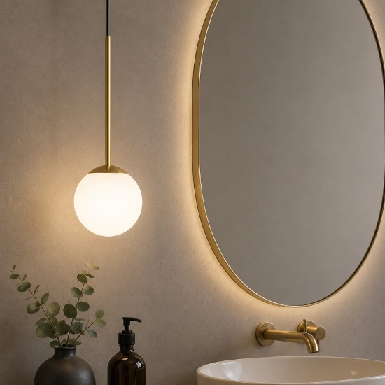 Lampada a sospensione dorata sfera vetro bianco per bagno
