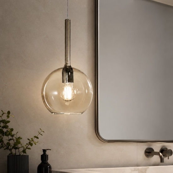 Lampada a sospensione per bagno boccia vetro ambra