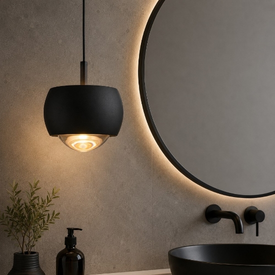 Lampadario a sospensione nera tonda moderna per bagno led 13w 3000k