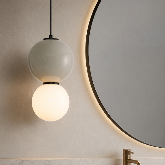 Lampada a sospensione da bagno in porcellana vetro opalino diametro 18cm led 3000k
