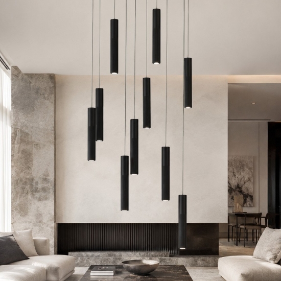 Lampadario a sospensioni cilindri moderno nero led 80w cct 3000k 4000k per salotto