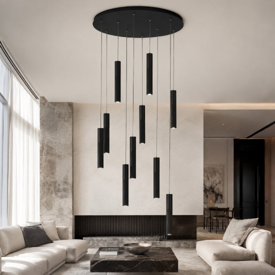 Lampadario a sospensioni cilindri moderno nero led 80w cct 3000k 4000k per salotto