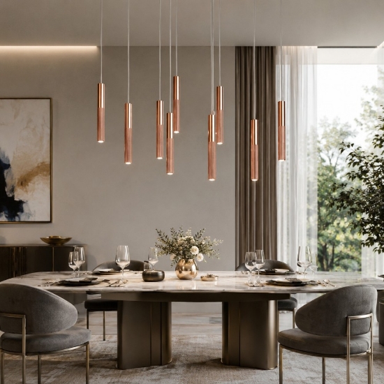 Lampadario a 10 cilindri pendenti moderno oro rosato led 80w cct 3000k 4000k per tavolo sala