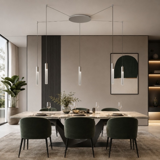 Lampadario 5 pendenti con decentramento moderno alluminio led 40w cct 3000k 4000k