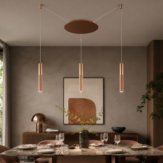 Lampadario 3 luci pendenti con decentramento moderno oro rosato led 24w cct 3000k 4000k per soggiorno