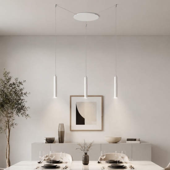 Lampadario a sospensione 3 luci con decentramento moderno bianco led 24w cct 3000k 4000k per soggiorno
