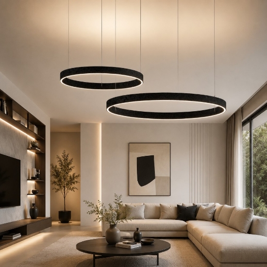 Lampadario a sospensione moderno nero anelli 100-120 cm led 240w cct 3000k 4000k per salotto
