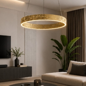 Lampadario cerchio a sospensione 40 cm moderno foglia oro led 36w cct 3000k 4000k biemissione