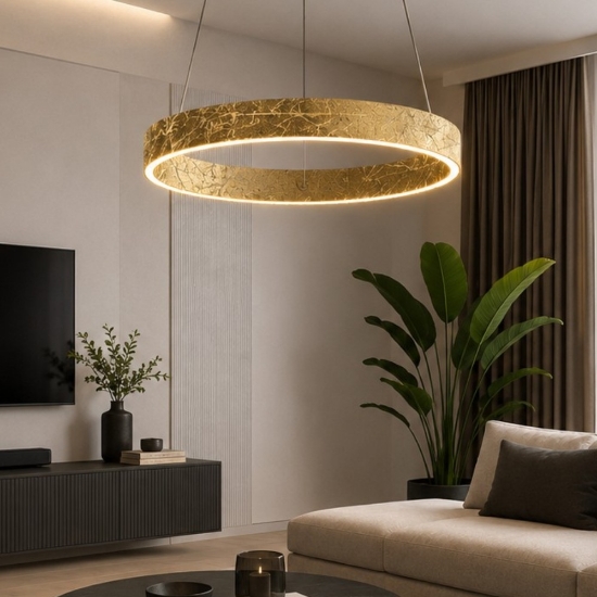 Lampadario cerchio a sospensione 40 cm moderno foglia oro led 36w cct 3000k 4000k biemissione