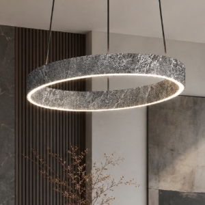 Lampadario moderno anello 40 cm foglia argento biemissione led 36w cct 3000k 4000k