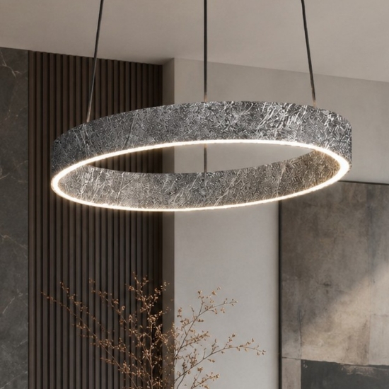 Lampadario moderno anello 40 cm foglia argento biemissione led 36w cct 3000k 4000k