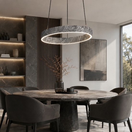 Lampadario moderno anello 40 cm foglia argento biemissione led 36w cct 3000k 4000k